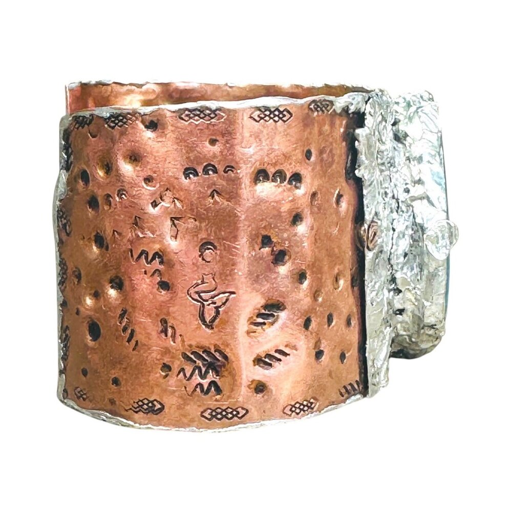 Rustic Copper & Silver Hammered Cuff Bracelet W/ Blue Agate Teardrop Gemstone - Picture 11 of 13